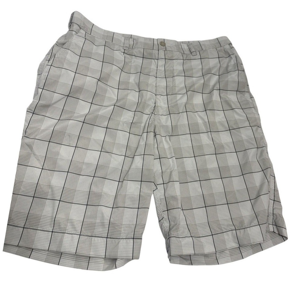 PGA Tour Mens Golf Shorts 34 Grey White Plaid Flat Front Polyester Performance